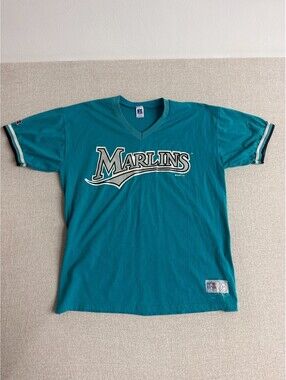Vintage 1994 Florida Marlins Russell Athletic XL Teal V-Neck Jersey T-Shirt USA